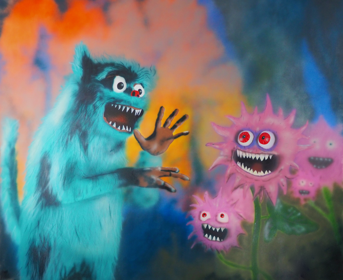 artwork title 'Stoke the Fire' by Adam S. Forsythe, showing a large painting with vibrant colors and dynamic brushstrokes.